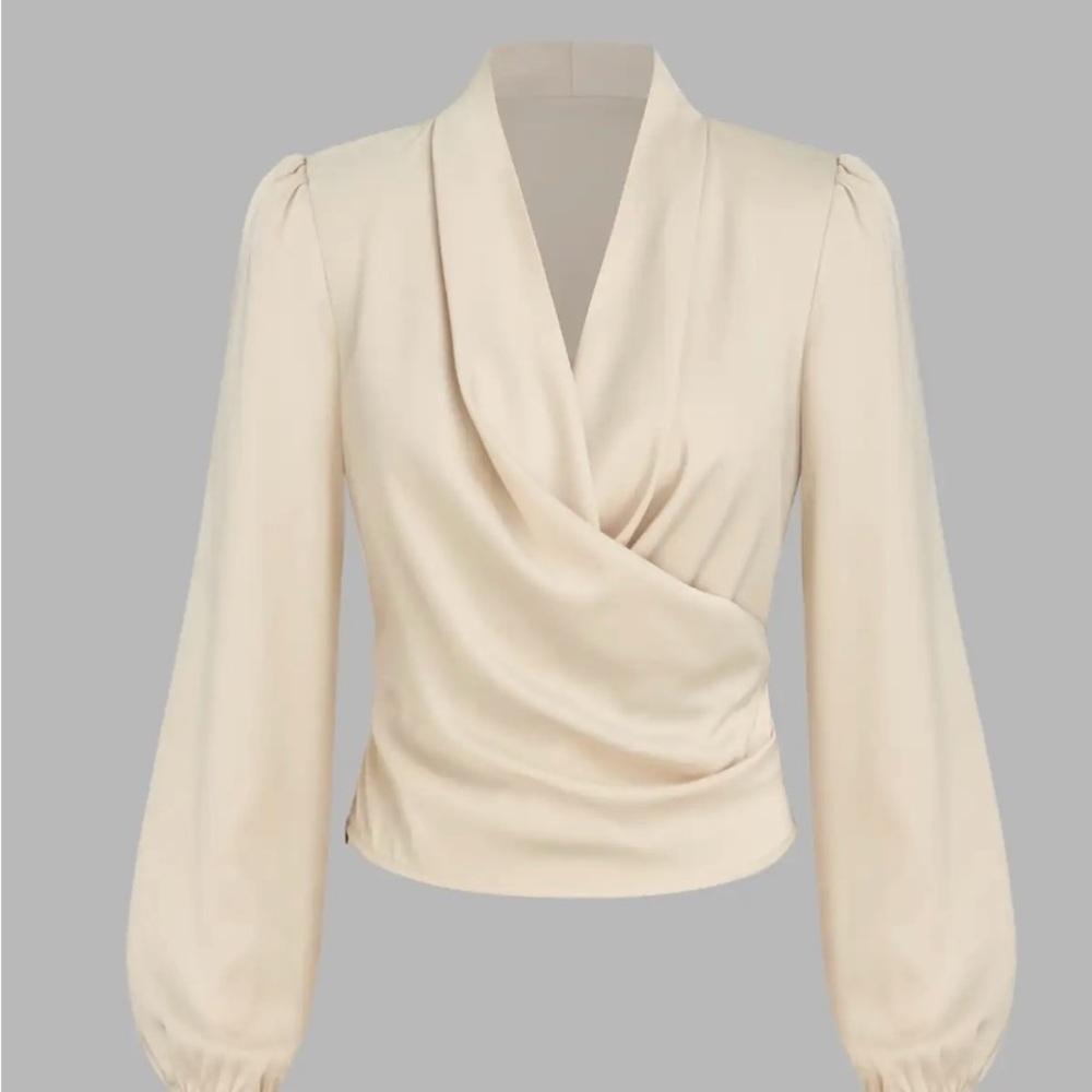 Cider Cream Wrap Blouse with Long Sleeves and Notched Collar